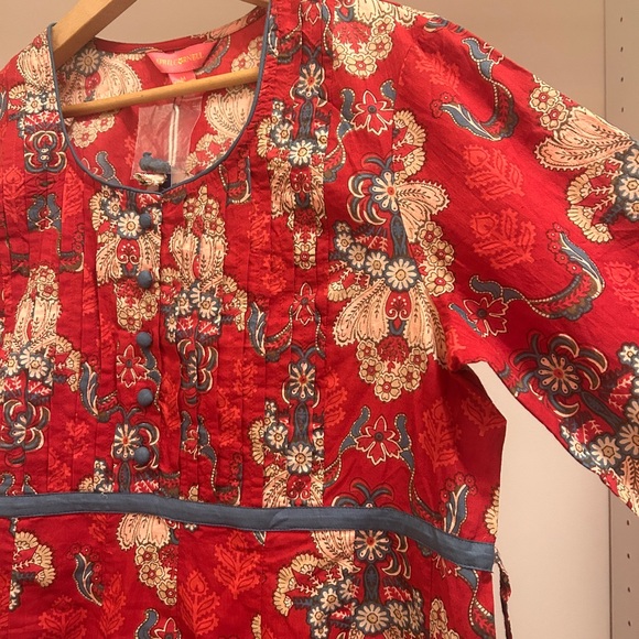 April Cornell Red Floral Pintuck Dress with Blue Trim “Firenze Dress” - Picture 5 of 13